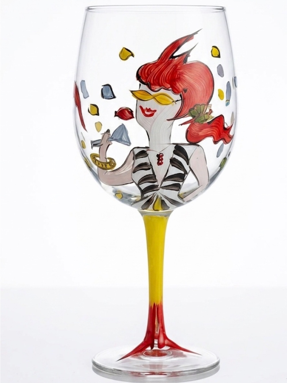 Hand-Painted Retro Diva Red & Yellow Cocktail Party Wine Glass - Designer Style